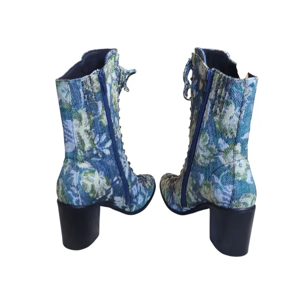 Jeffrey Campbell Hastings Blue Green Floral Tapestry Victorian Boots Lace Up - Picture 9 of 16
